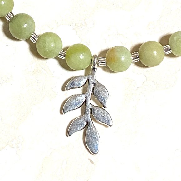 Serpentine Stone Silver Leaf Branch Necklace, Genuine Gemstone Beaded Necklace - Picture 6 of 9